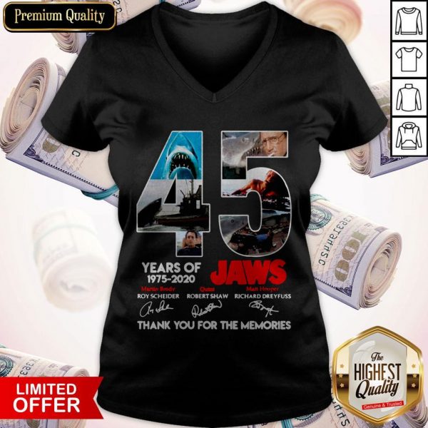 45 Years Of 1975 2020 Jaws Thank You For The Memories Signatures V-neck