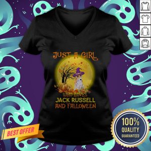 Just A Girl Who Loves Jack Russell And Falloween Pumpkin Sunset Halloween V-neck