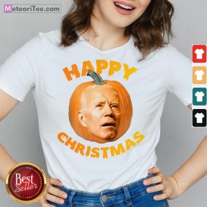 Funny Joe Biden Pumpkin Happy Christmas V-neck- Design by Meteoritee.com