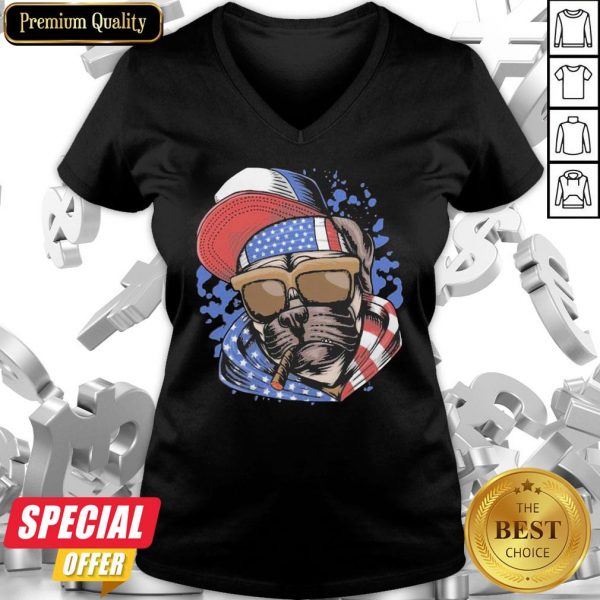 Funny Pug Smoking American Flag V-neck