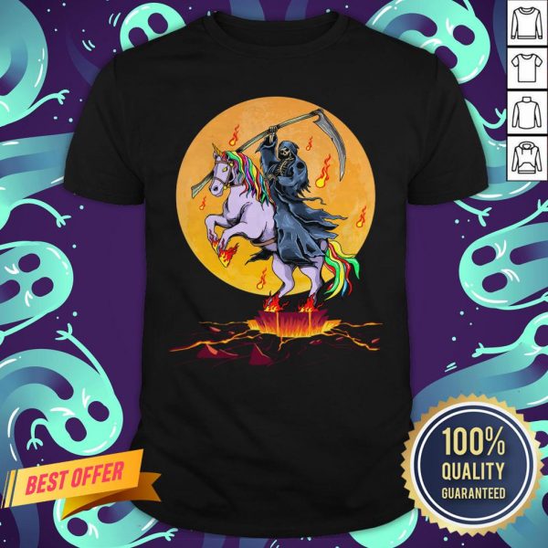 Official Grim Reaper With Unicorn Under The Moon Halloween Costume Shirt