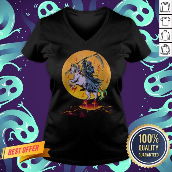 Official Grim Reaper With Unicorn Under The Moon Halloween Costume V-neck