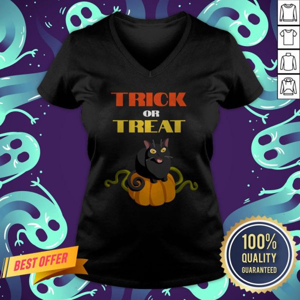 Trick Or Treat Funny Pumpkin Cat Halloween V-neck