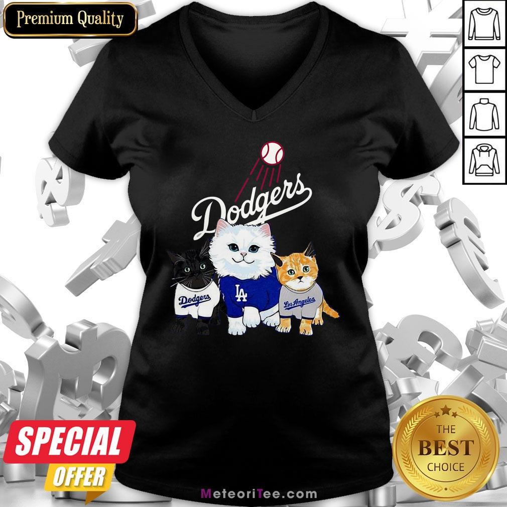 Nice Three Cat Black White And Yellow Los Angeles Dodgers V-neck