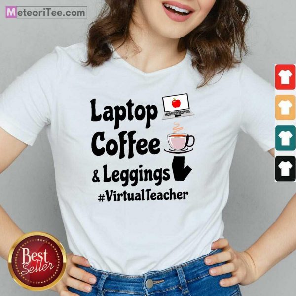 Virtual Teacher Laptop Coffee And Leggings V-neck - Design By Meteoritee.com