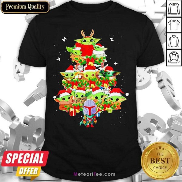 Baby Yoda And The Mandalorian Merry Christmas Tree Gift Shirt- Design By Meteoritee.com