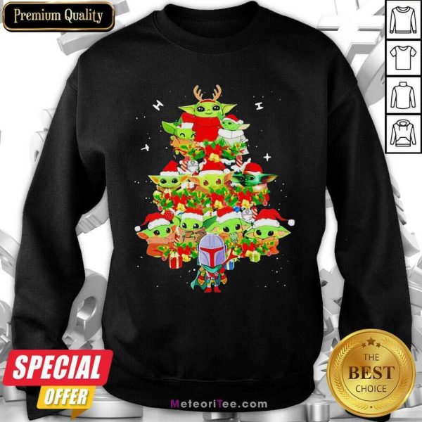 Baby Yoda And The Mandalorian Merry Christmas Tree Gift Sweatshirt - Design By Meteoritee.com