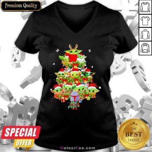 Baby Yoda And The Mandalorian Merry Christmas Tree Gift V-neck - Design By Meteoritee.com