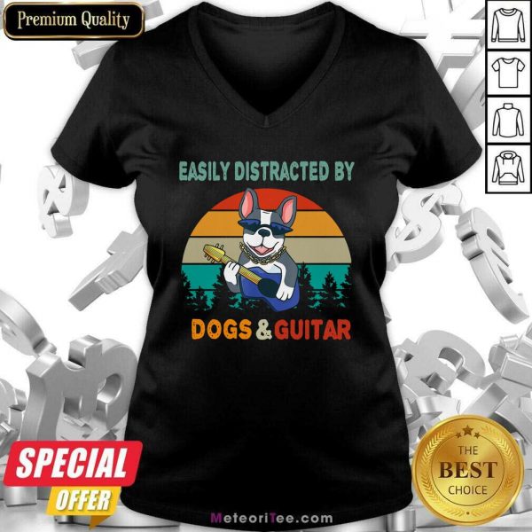 Easily Distracted By Dogs And Guitar Vintage Retro V-neck- Design By Meteoritee.com