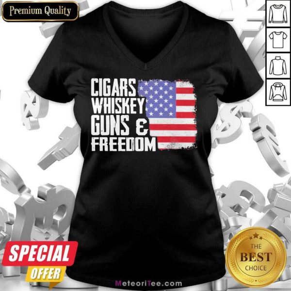 Cigars Whiskey Guns And Freedom 5 American Flag V-neck - Design By Meteoritee.com